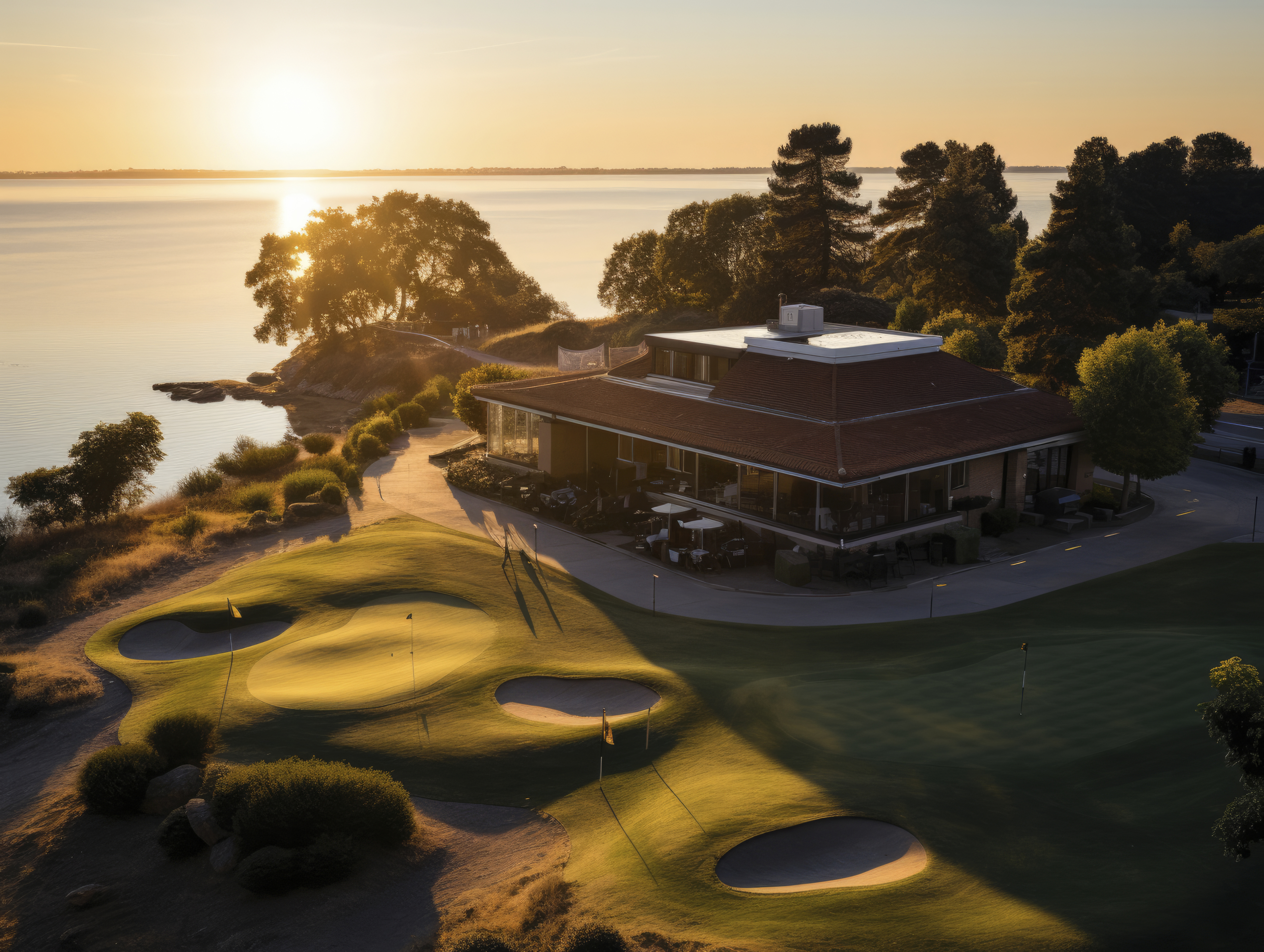 Aerial view of golf clubhouse at sunset