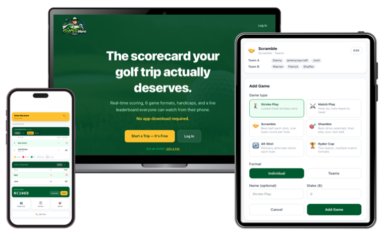 GolfTripHero on phone, tablet, and desktop